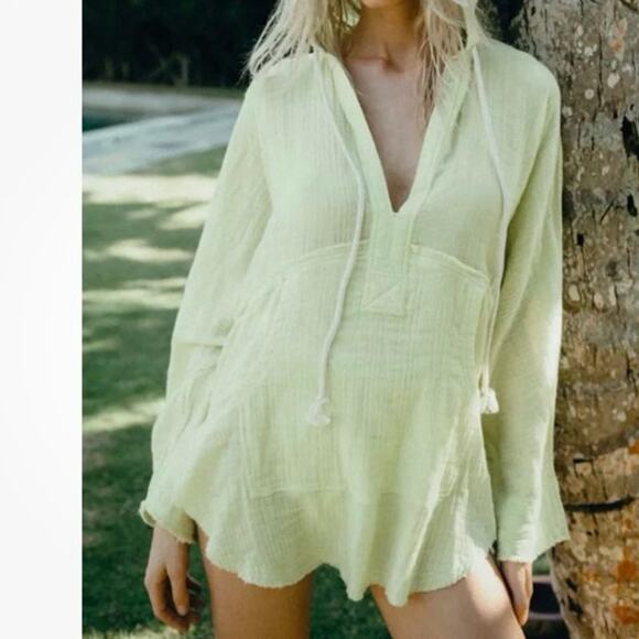 Out From Under Womens Top Size XS Lime Green Gauze Loose Fit Hooded Beach Boho - Picture 7 of 7